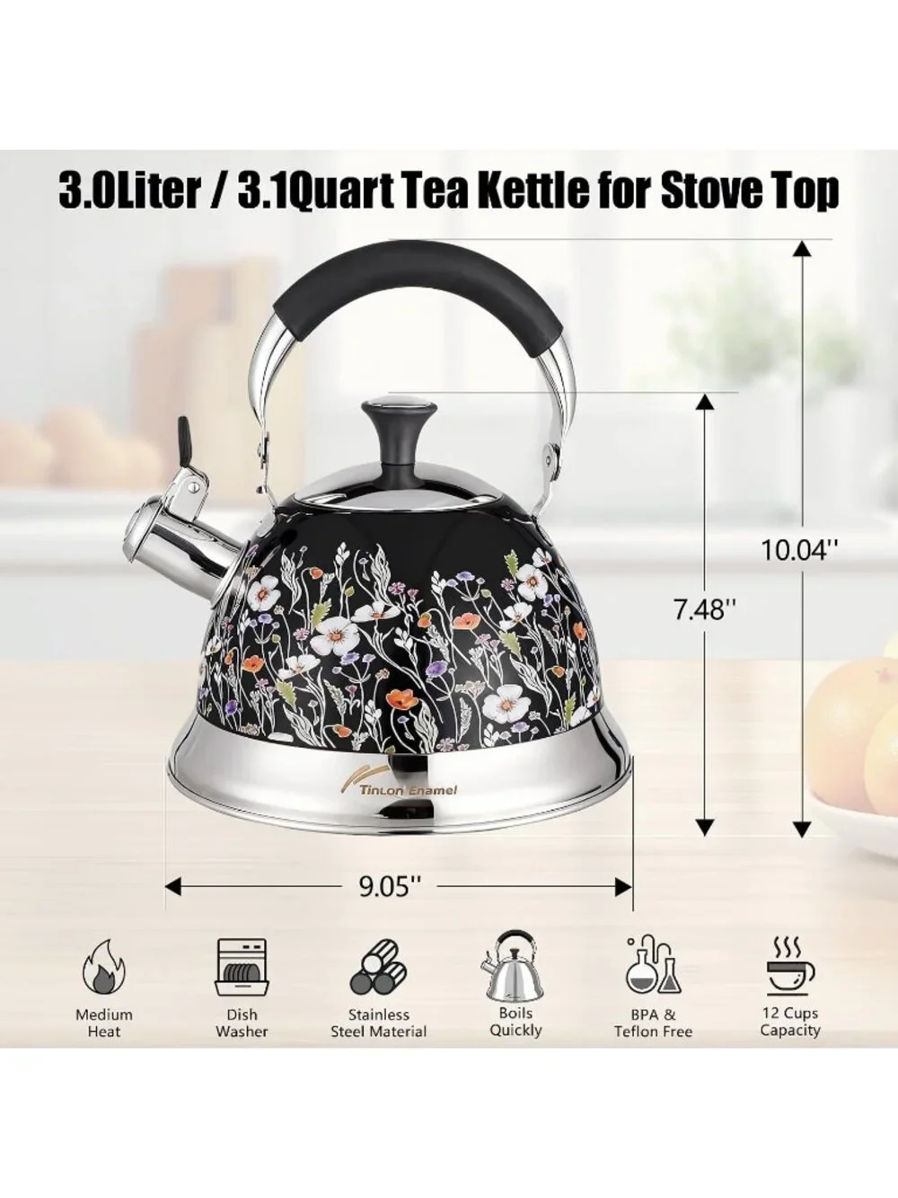Black Field Flower 304 Stainless Steel Whistling Tea Kettle 3.1 Quart Stovetop